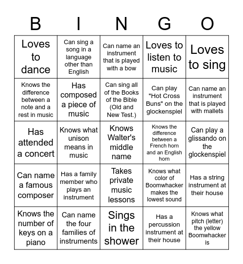 Getting to Know You - The Music Edition - Find Someone Who . . . Bingo Card