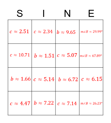 Law Of Sines Bingo Card