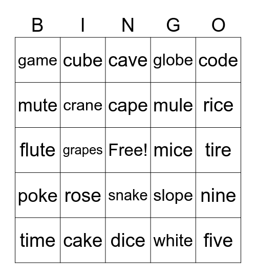 Silent "e" Bingo Card