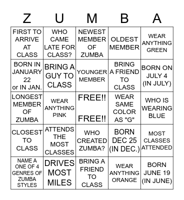 Zumba Bingo Card
