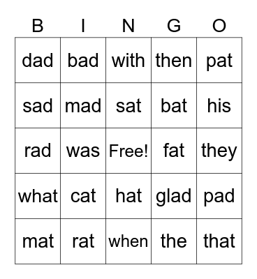 Short A Words Bingo Card