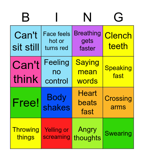 Anger Warning Signs Bingo Card