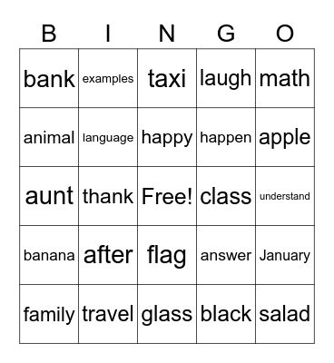 ESL012 Unit 1 Vocabulary Bingo Card