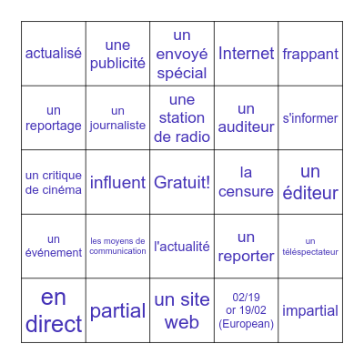 French 3/4 Bingo Card