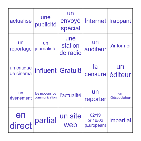 French 3/4 Bingo Card