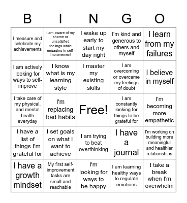 Self-Improvement Strategies Bingo Card