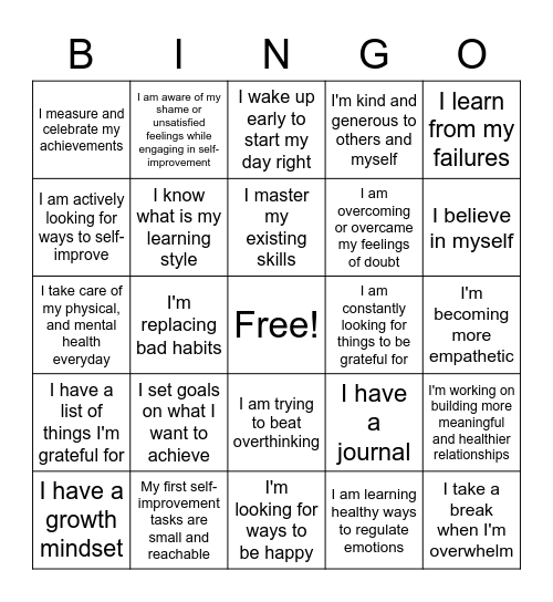 Self-Improvement Strategies Bingo Card