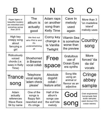 Owl City 2023 Album Cringe Bingo Card