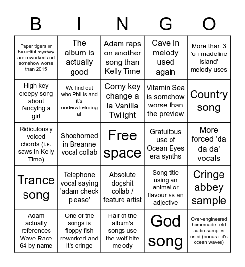 Owl City 2023 Album Cringe Bingo Card