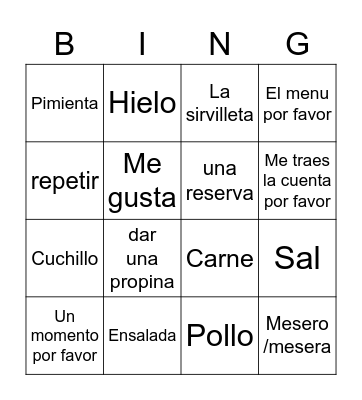 Spanish Restaurant Vocabulary Bingo Card