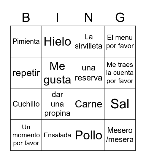 Spanish Restaurant Vocabulary Bingo Card