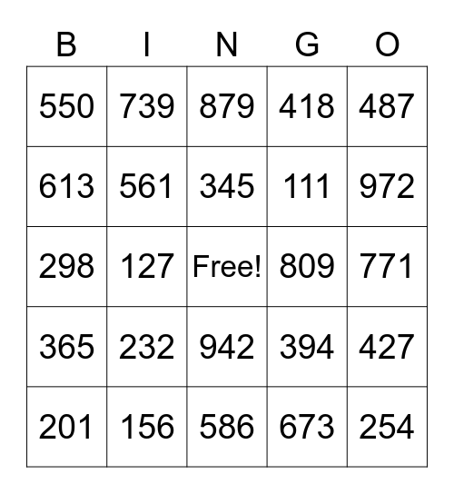 Numbers to 1000 Bingo Card