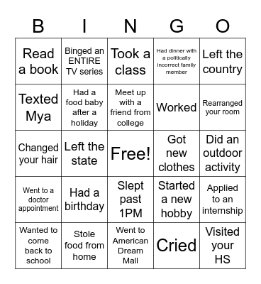 Winter Break Bingo1 Bingo Card