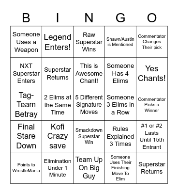 2023 Rumble Bingo Card