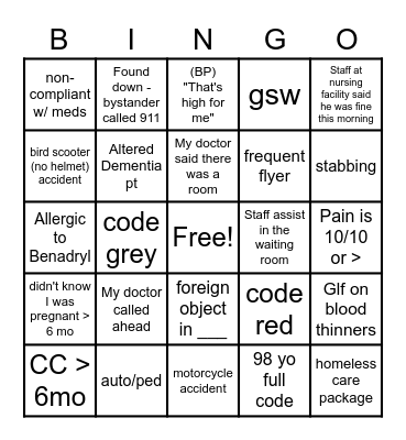 ER Bingo Card