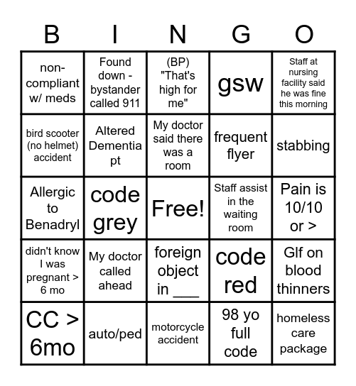 ER Bingo Card