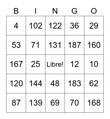Numeros 0-200 Bingo Card