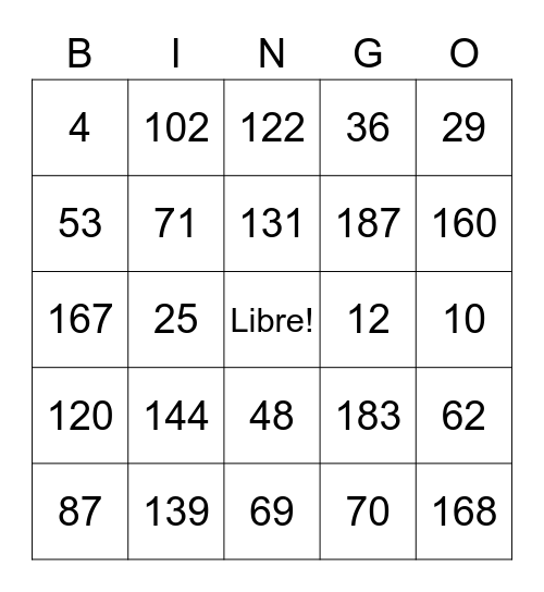 Numeros 0-200 Bingo Card
