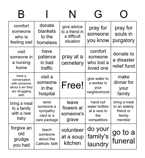 Spiritual and Corporal Works of Mercy Bingo Card