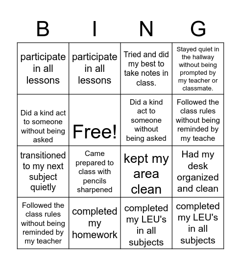 Class Bingo Card