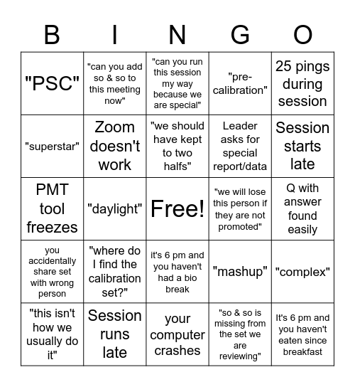 HRBP Performance Fun Bingo Card