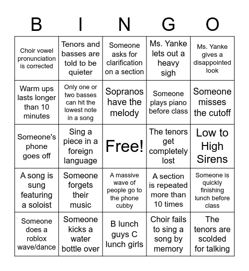 BHS Choir Bingo Card