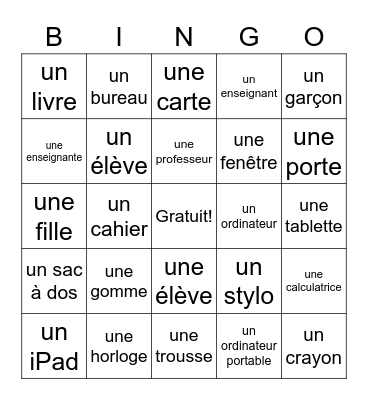 French Classroom People & Objects Bingo Card