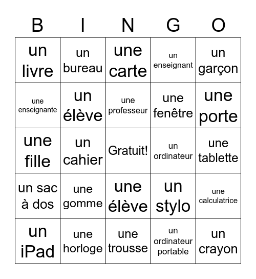 French Classroom People & Objects Bingo Card