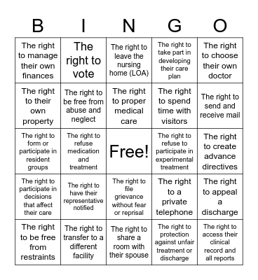 Resident Rights Bingo Card