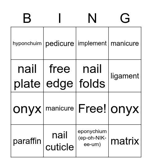 Nail structure, Manicuring & Pedicuring Bingo Card