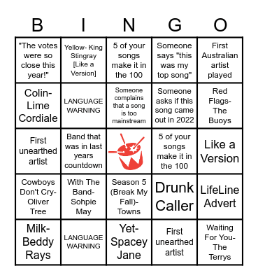 Hottest 100 of 2022 Bingo Card