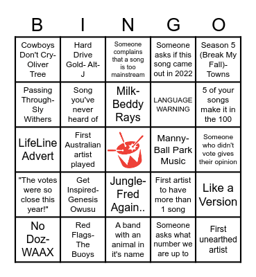 Hottest 100 of 2022 Bingo Card