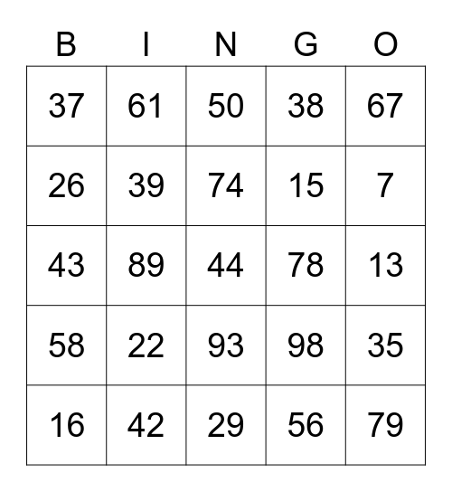 BINGO numbers 1-100 Bingo Card