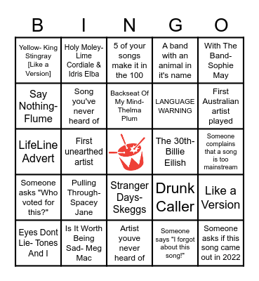 Hottest 100 of 2022 Bingo Card