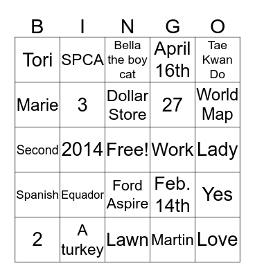 Hayley BINGO Card
