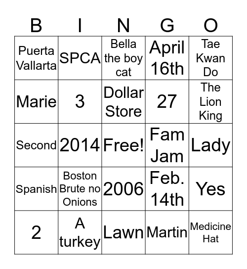 Hayley BINGO Card