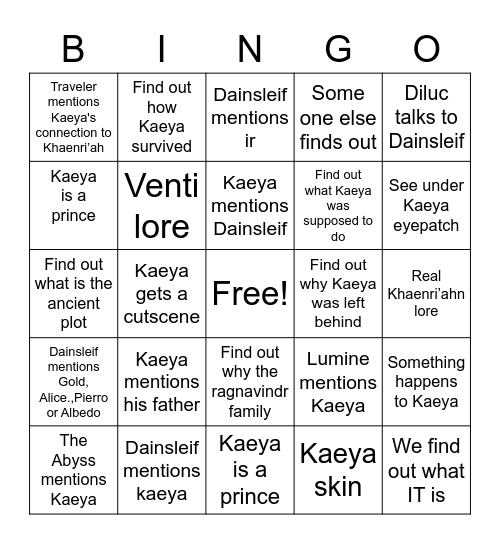 Kaeya Dainslief Bingo Card