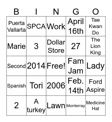 Hayley BINGO Card