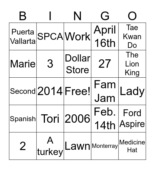 Hayley BINGO Card