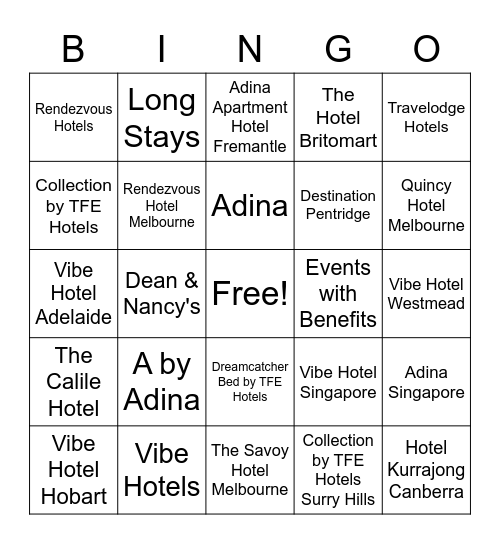 TFE Hotels Bingo Card