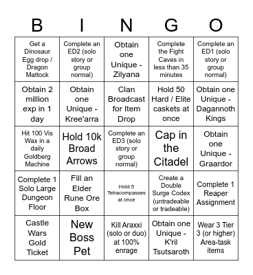 Runescape Bingo Card