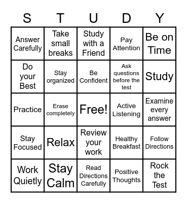 Test Taking Skills Bingo Card