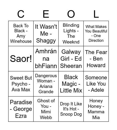 Bingo Ceoil Bingo Card