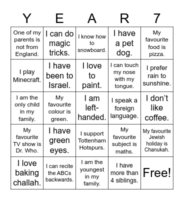 Year 7 Bingo! Bingo Card