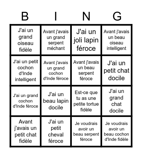 Les animaux Bingo Card