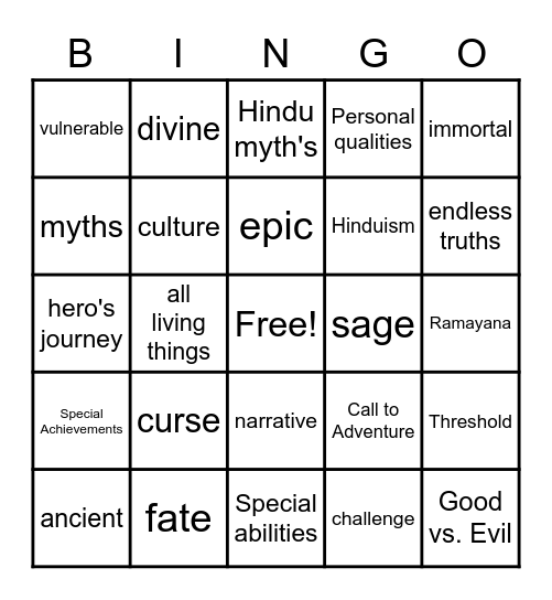 Mythology Vocabulary and review Bingo Card