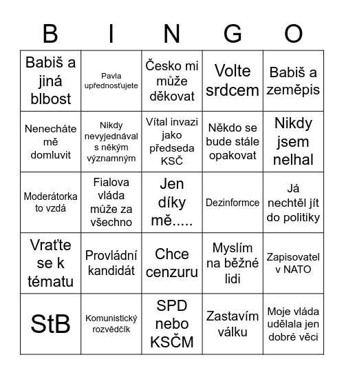 Debata Pavel x Babiš Bingo Card