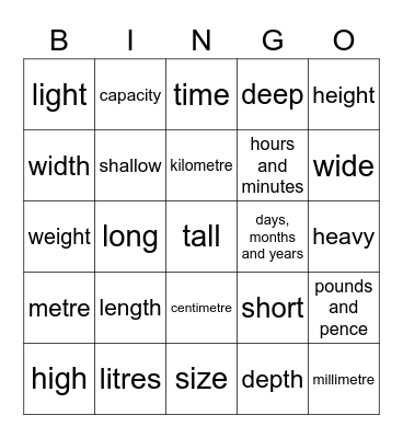 Measure Vocabulary Bingo Card