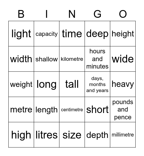 Measure Vocabulary Bingo Card