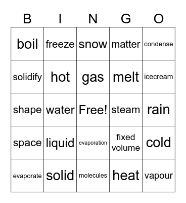 States of Matter Bingo Card